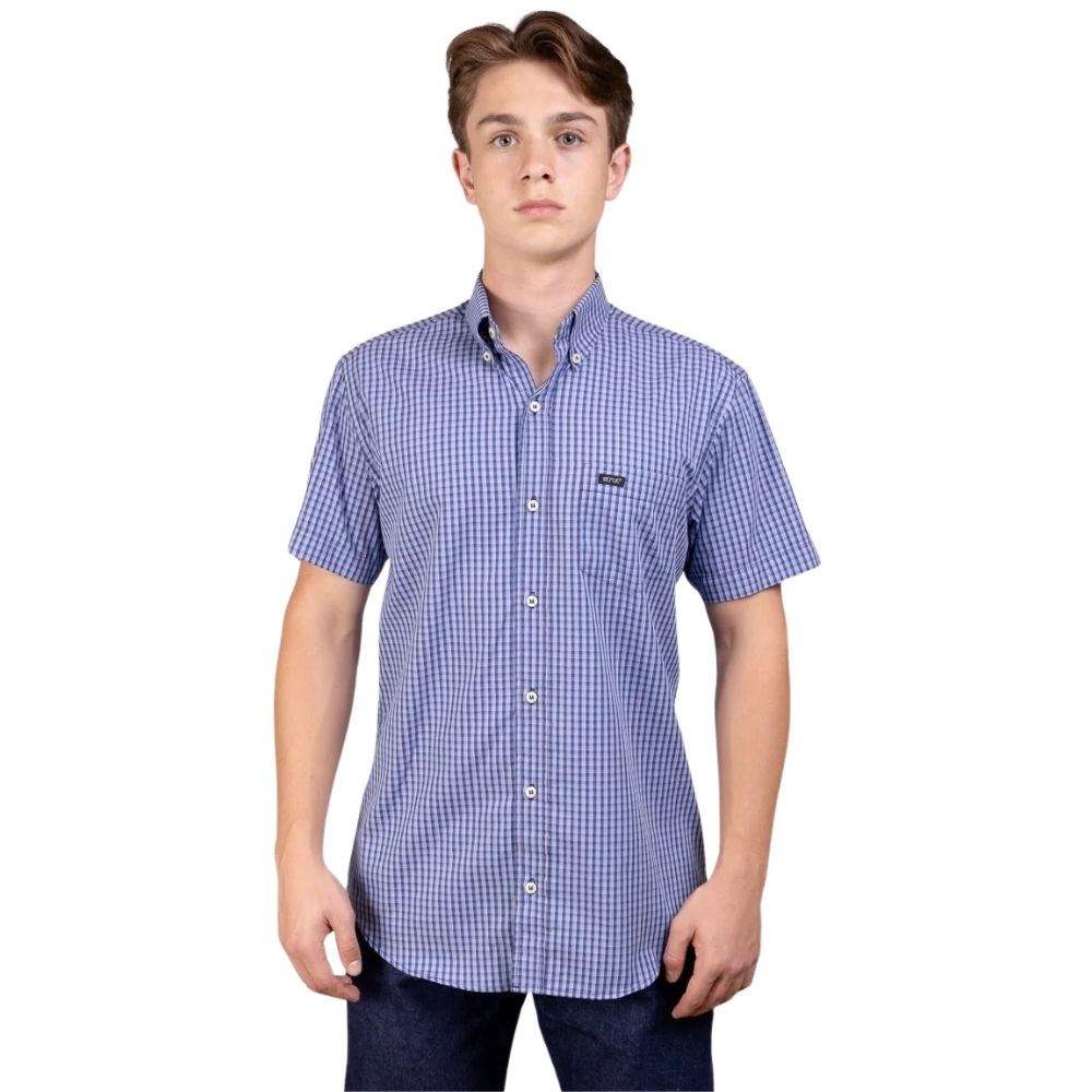 Camisa Masculina Strut Manga Curta Xadrez Pequeno Azul Marinho Com Bolso Ref: 7179