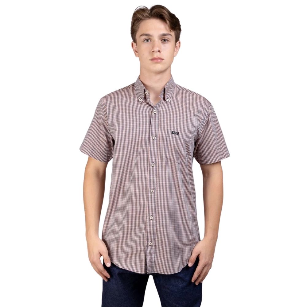 Camisa Masculina Strut Manga Curta Xadrez Pequeno Laranja E Azul Com Bolso Ref: 7176