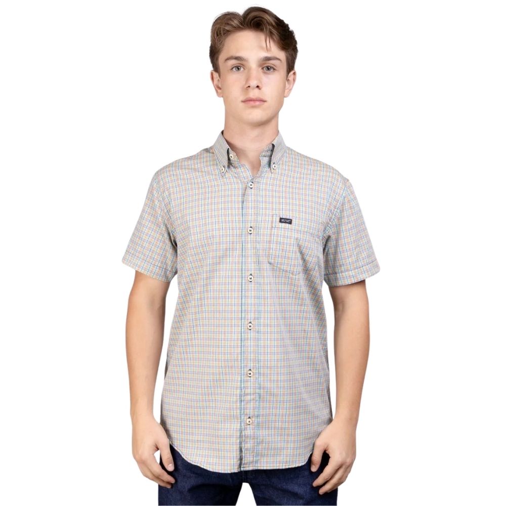 Camisa Masculina Strut Manga Curta Xadrez Pequeno Laranja E Verde Claro Com Bolso Ref: 7178