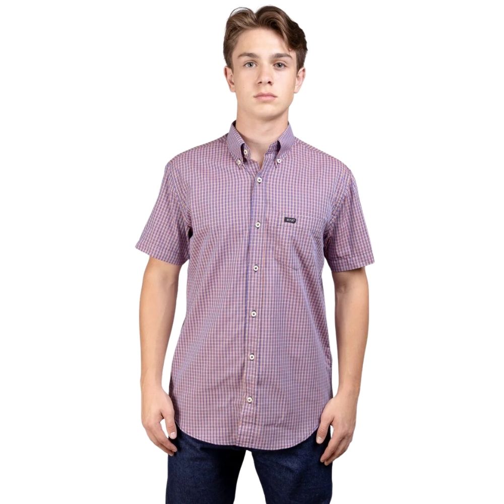 Camisa Masculina Strut Manga Curta Xadrez Pequeno Roxo E Laranja Com Bolso Ref: 7177