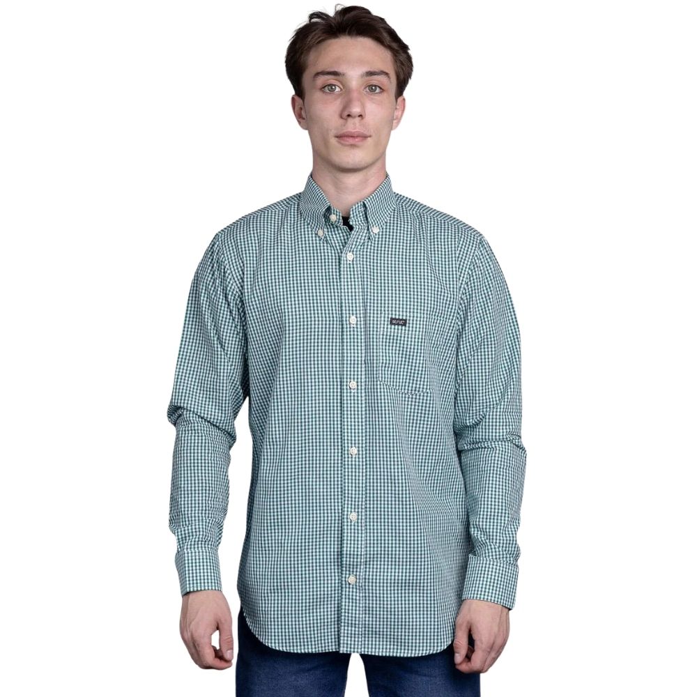 Camisa Masculina Strut Manga Longa Xadrez Pequeno Verde E Branco Com Bolso Ref: 7243