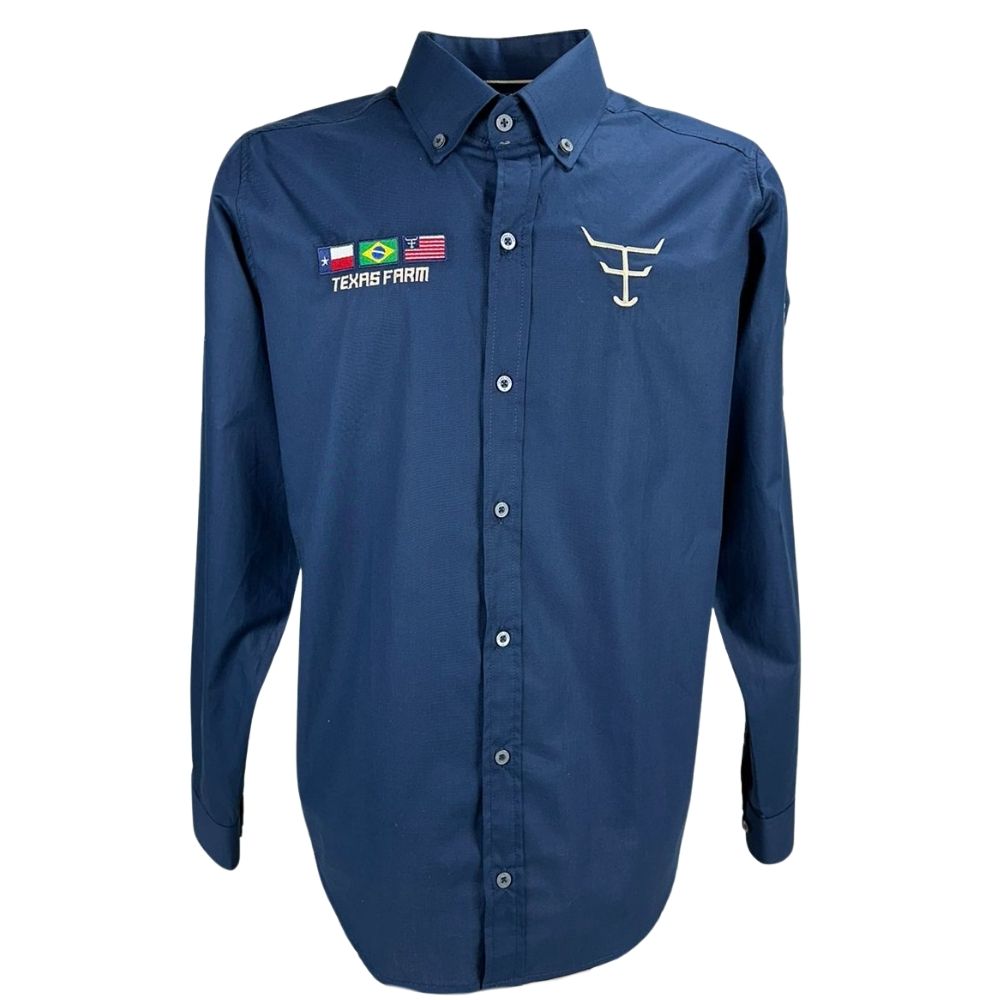 Camisa Masculina Texas Farm Competição Manga Longa Azul Marinho Com Bordado Bege Ref.CP007