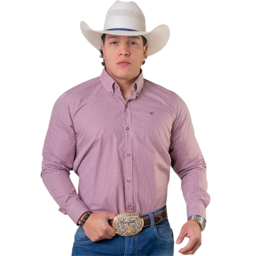 Camisa Masculina Texas Farm Exclusive Manga Longa Xadrez Bordô E Branco Logo Azul Marinho REF:CAL706