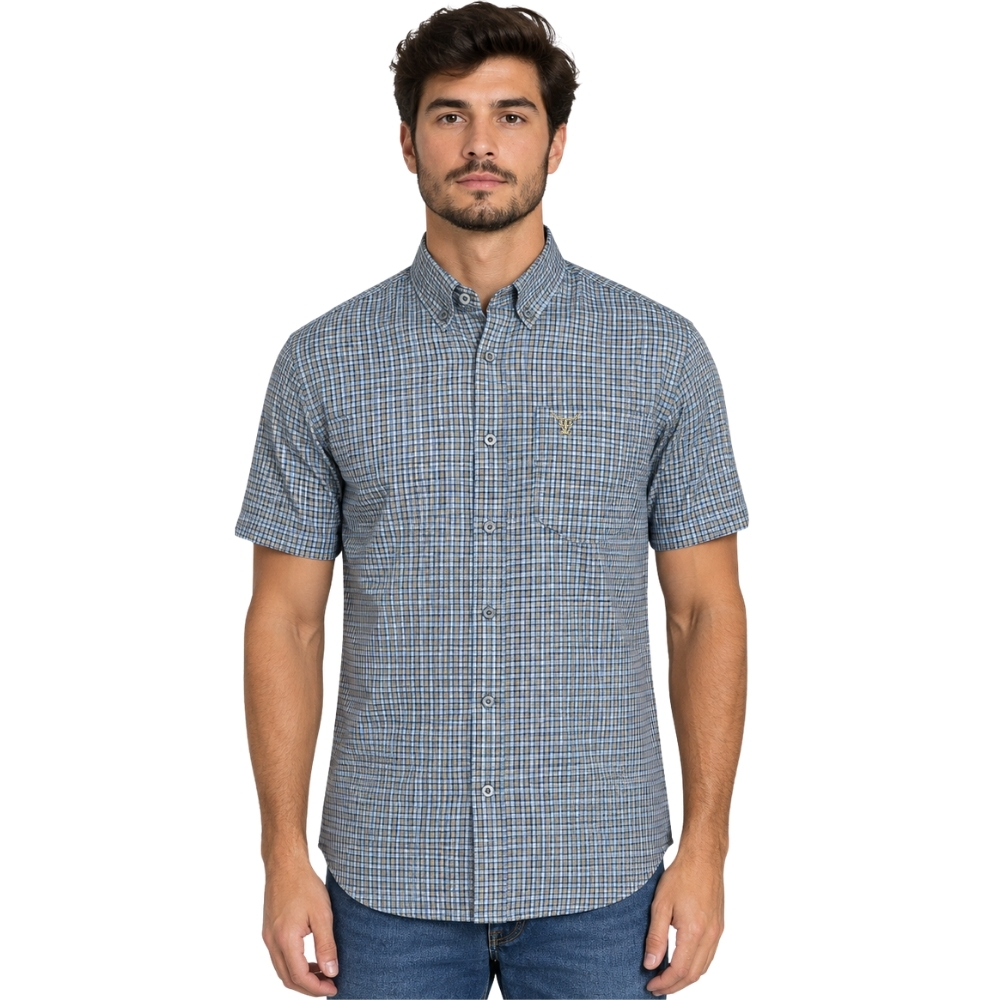 Camisa Masculina Texas Farm Manga Curta Xadrez Azul Logo Bege REF:CAC938