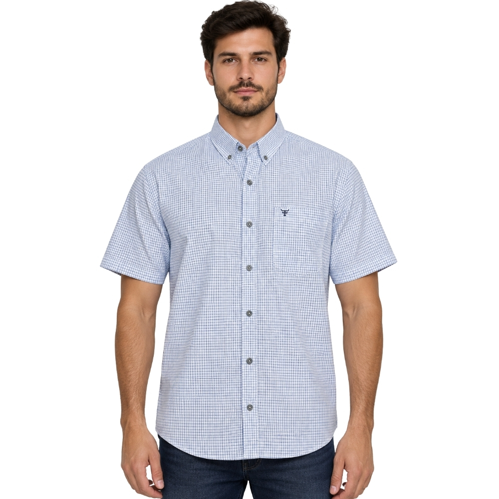 Camisa Masculina Texas Farm Manga Curta Xadrez Azul Claro Logo Azul Marinho REF:CAC818