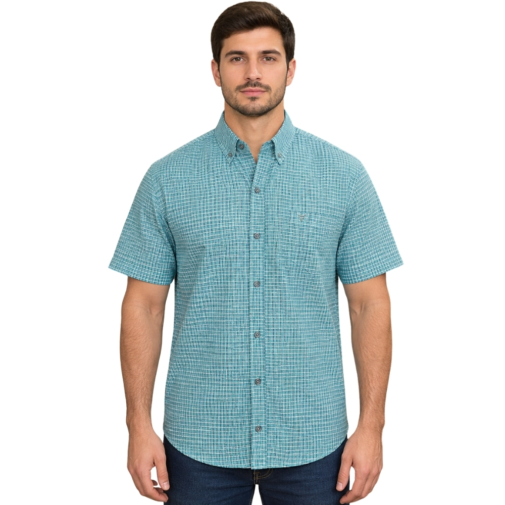 Camisa Masculina Texas Farm Manga Curta Xadrez Azul Piscina Logo Cinza REF:CAC911