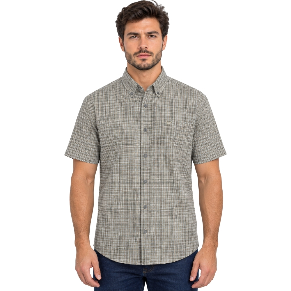 Camisa Masculina Texas Farm Manga Curta Xadrez Bege Logo Creme REF:CAC933