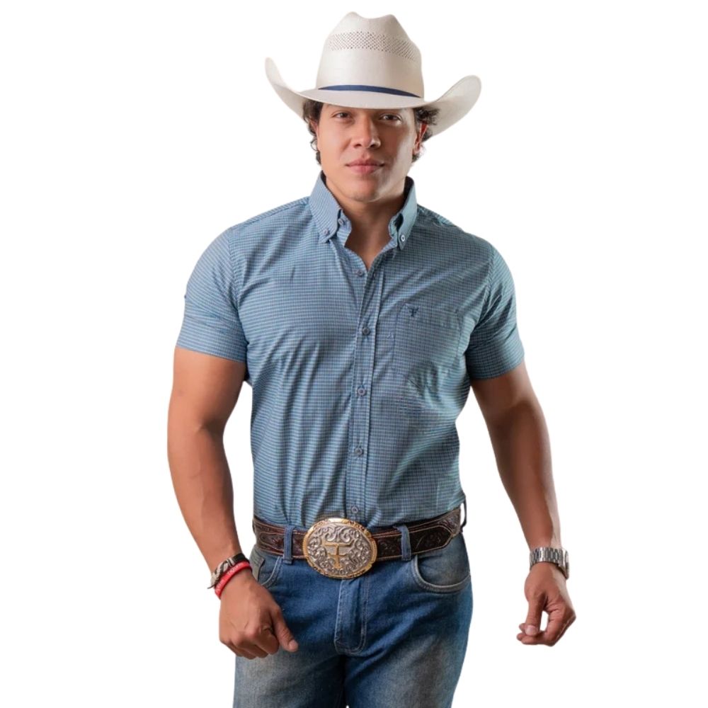 Camisa Masculina Texas Farm Manga Curta Xadrez Pequeno Azul E Cinza Ref:CAC888