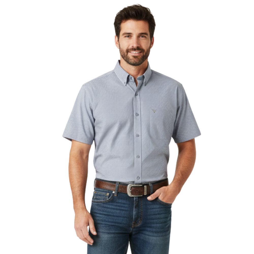 Camisa Masculina Texas Farm Manga Curta Xadrez Pequeno Azul Petróleo Com Logo Branco Bordado No Bolso Ref:CAC852