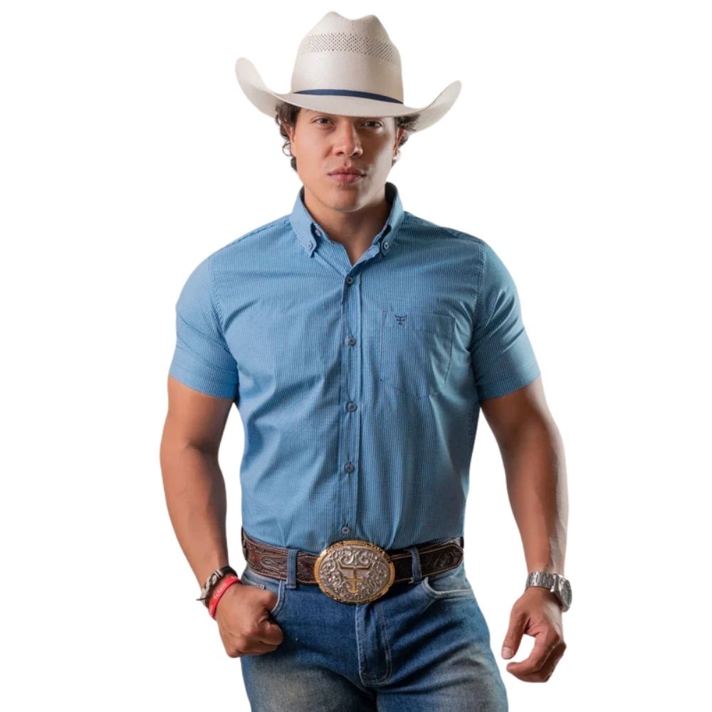 Camisa Masculina Texas Farm Manga Curta Xadrez Pequeno Azul Ref:CAC885