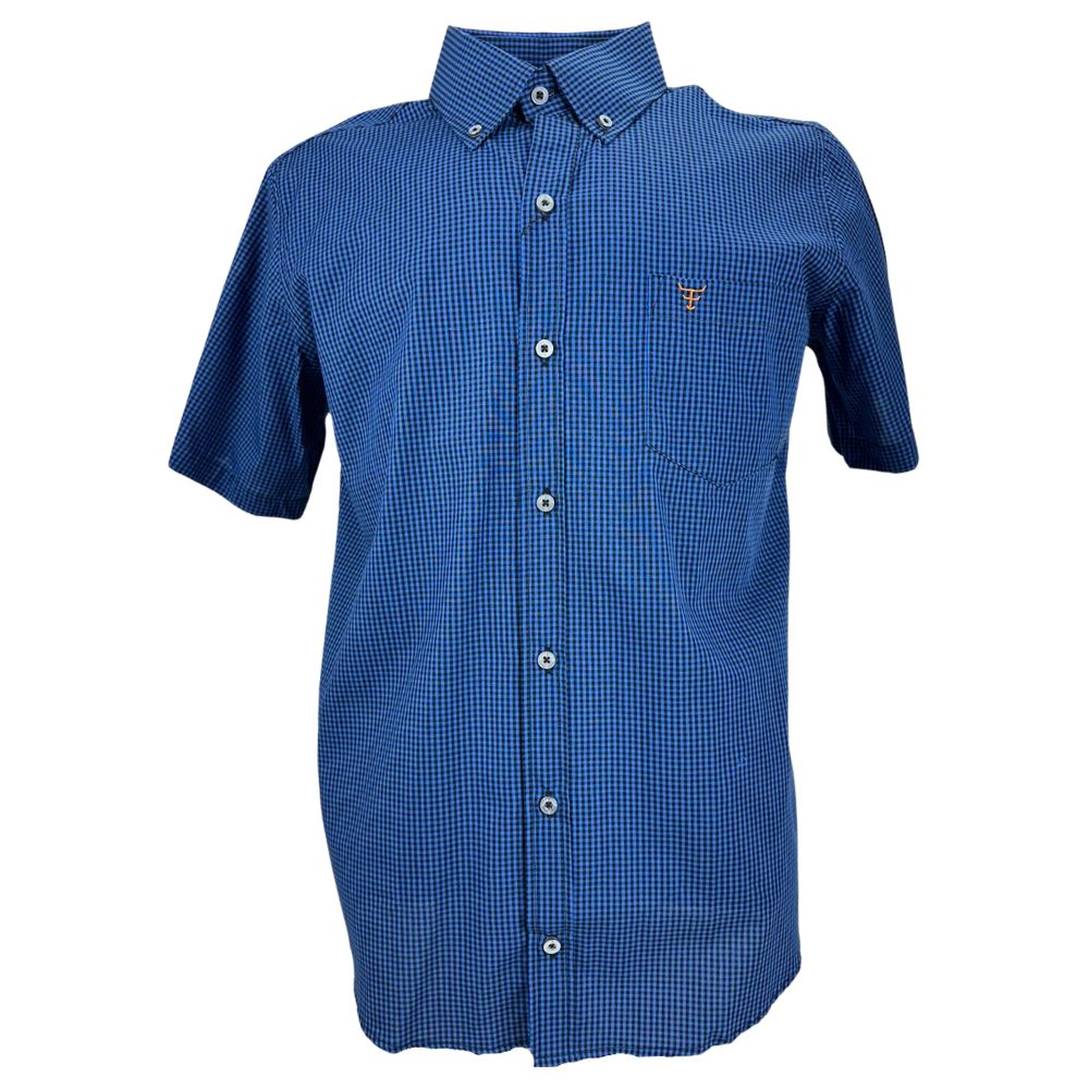 Camisa Masculina Texas Farm Manga Curta Xadrez Pequeno Azul Royal Preto Com Logo Bordado No Bolso Em Caramelo Ref:CAC823