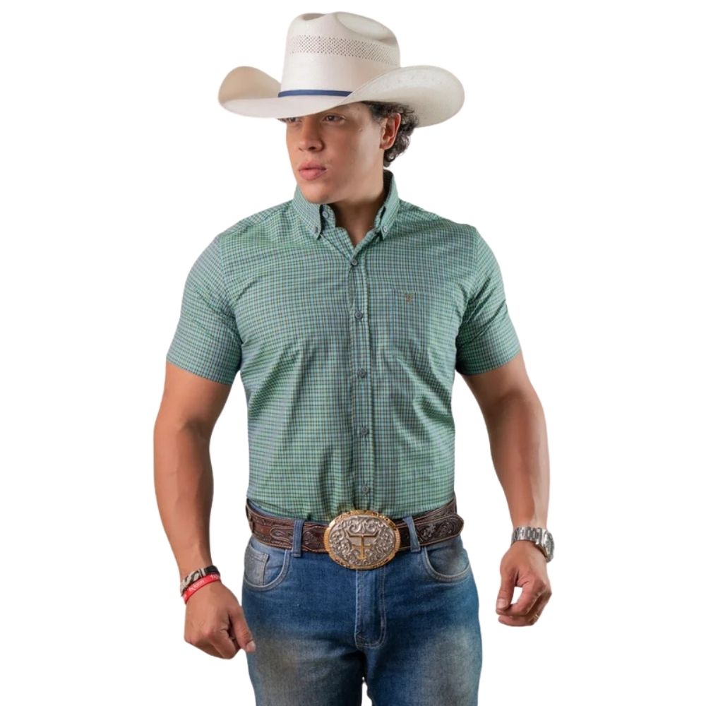 Camisa Masculina Texas Farm Manga Curta Xadrez Pequeno Verde Musgo Ref:CAC896