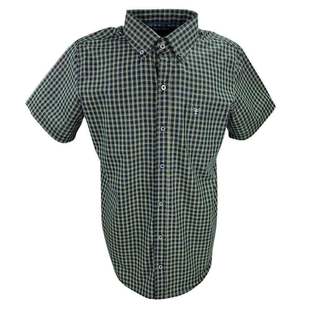 Camisa Masculina Texas Farm Manga Curta Xadrez Preto/Amarelo Com Logo Branco Ref.CAC708