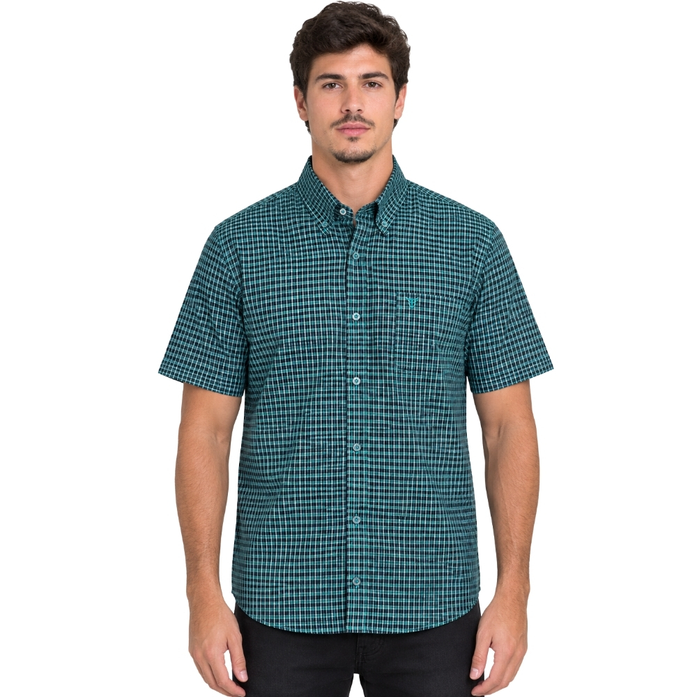 Camisa Masculina Texas Farm Manga Curta Xadrez Verde Escuro/Azul Branco Logo Azul Claro REF:CAC917