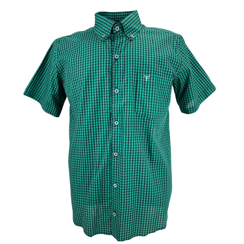 Camisa Masculina Texas Farm Manga Curta Xadrez Verde Escuro Azul Com Logo Bordado No Bolso Em Branco Ref: CAC 819