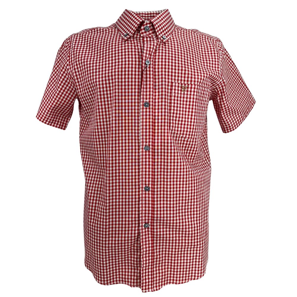 Camisa Masculina Texas Farm Manga Curta Xadrez Vermelho Branco Com Logo Bordado No Bolso Em Bege Ref:CAC 822