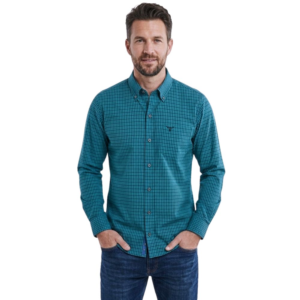 Camisa Masculina Texas Farm Manga Longa Xadrez Azul Água Logo Preto Ref:CAL648