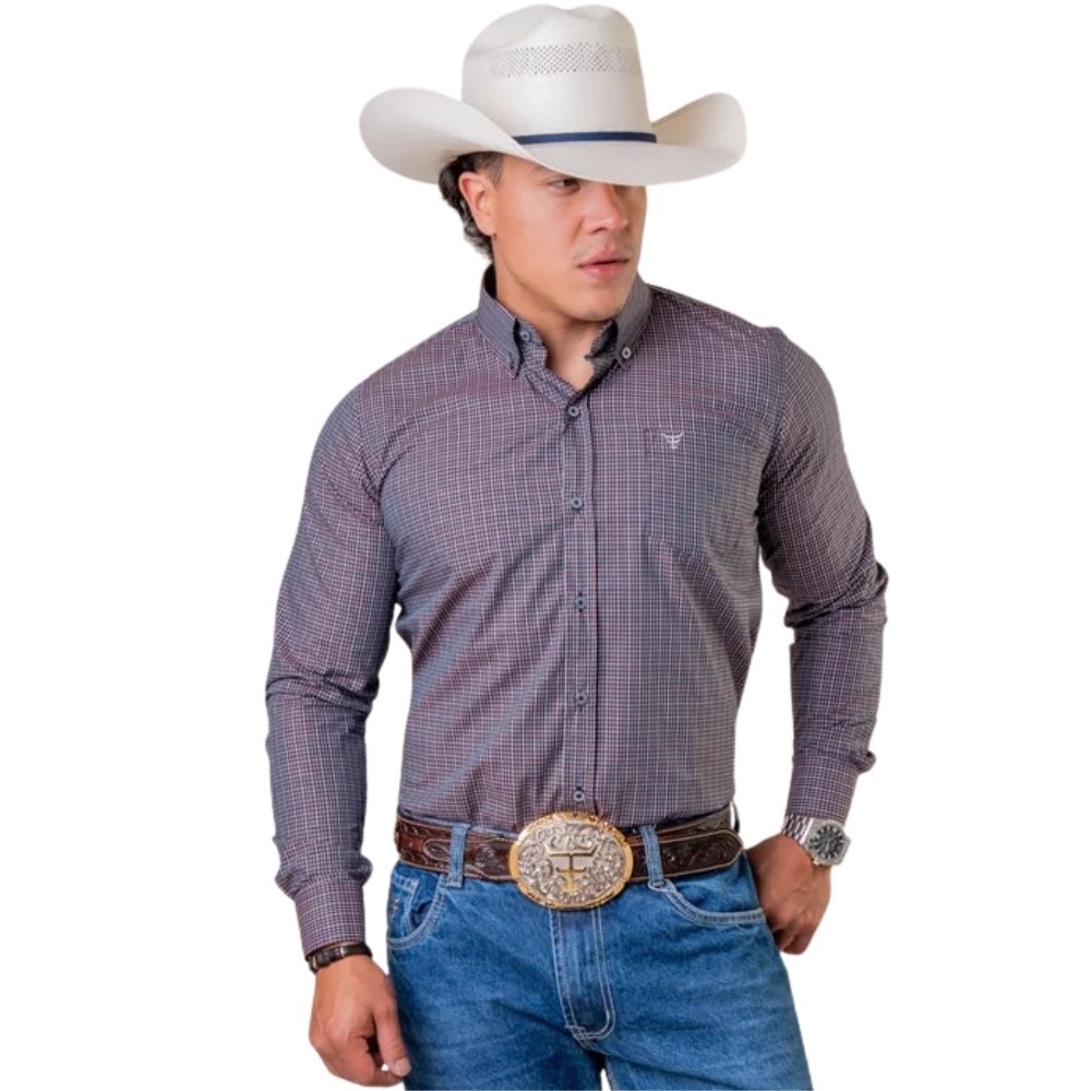Camisa Masculina Texas Farm Manga Longa Xadrez Azul Branco E Vermelho Escuro Logo Branco REF:CAL666
