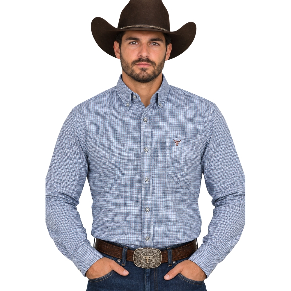 Camisa Masculina Texas Farm Manga Longa Xadrez Azul Claro Logo Marrom REF:CAL659
