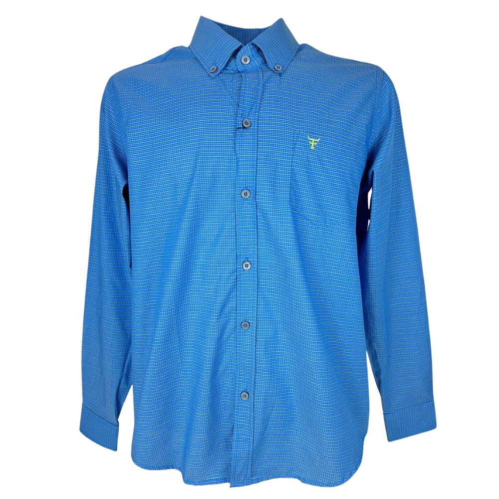 Camisa Masculina Texas Farm Manga Longa Xadrez Azul Royal Verde E Logo Bordado Verde