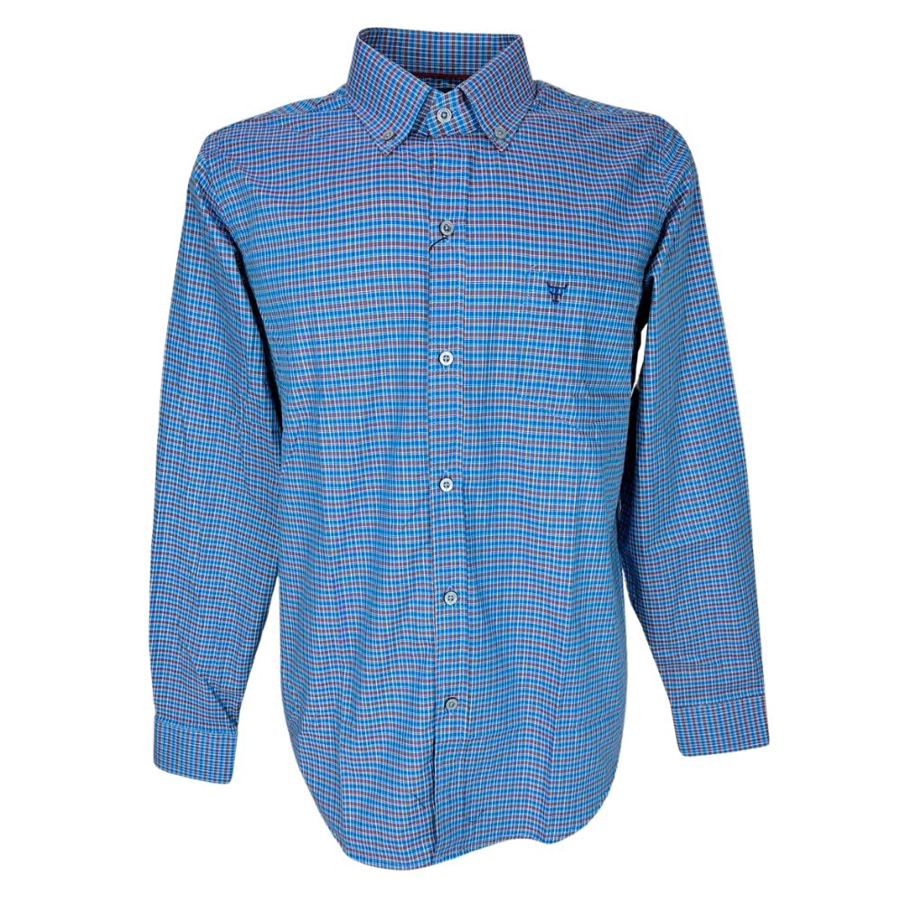 Camisa Masculina Texas Farm Manga Longa Xadrez Azul Vermelho E Com Logo Bordado Azul Escuro Ref:CAL450