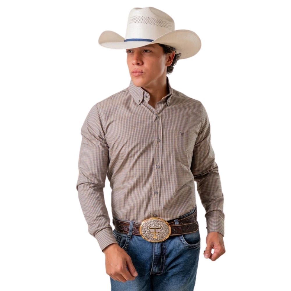 Camisa Masculina Texas Farm Manga Longa Xadrez Pequeno Bege  Ref: CAL627