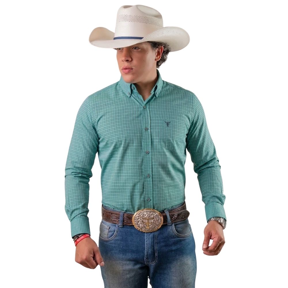 Camisa Masculina Texas Farm Manga Longa Xadrez Pequeno Verde Claro  Ref: CAL628