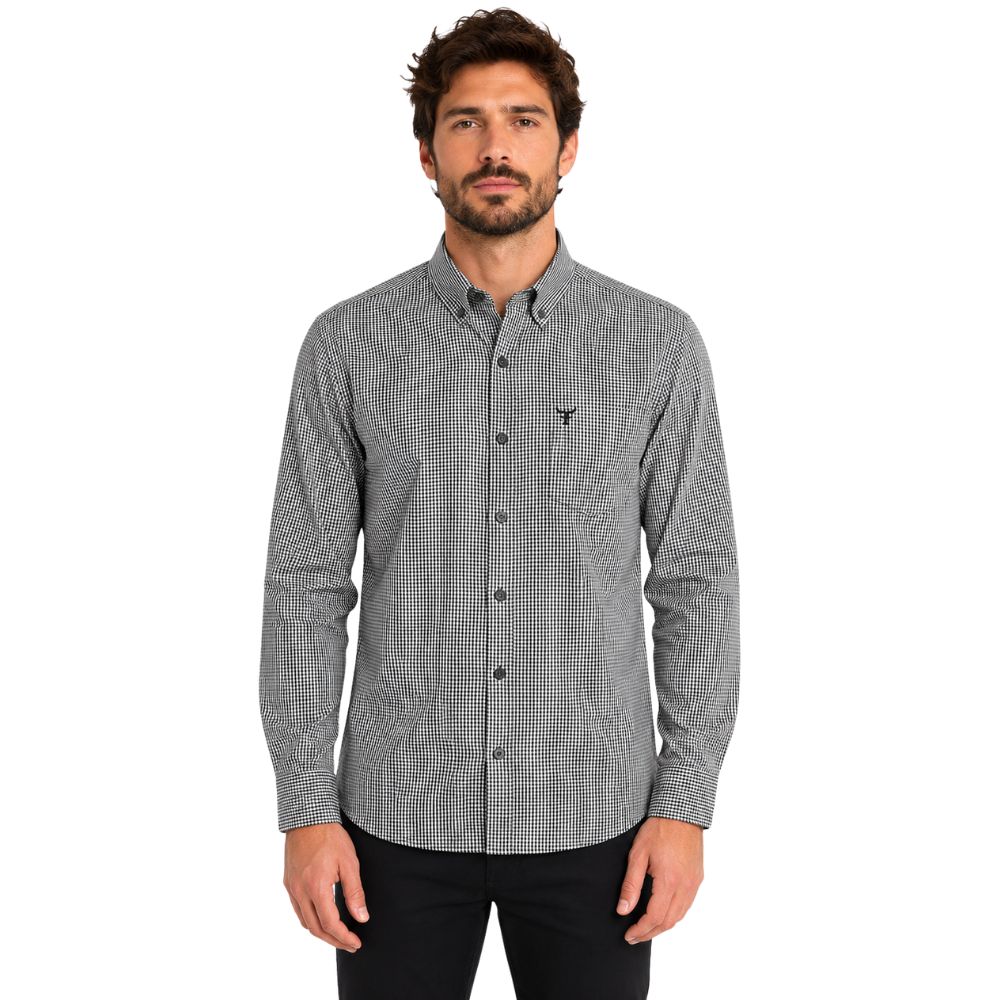 Camisa Masculina Texas Farm Manga Longa Xadrez Preto E Branco Logo Preto Ref:CAL657