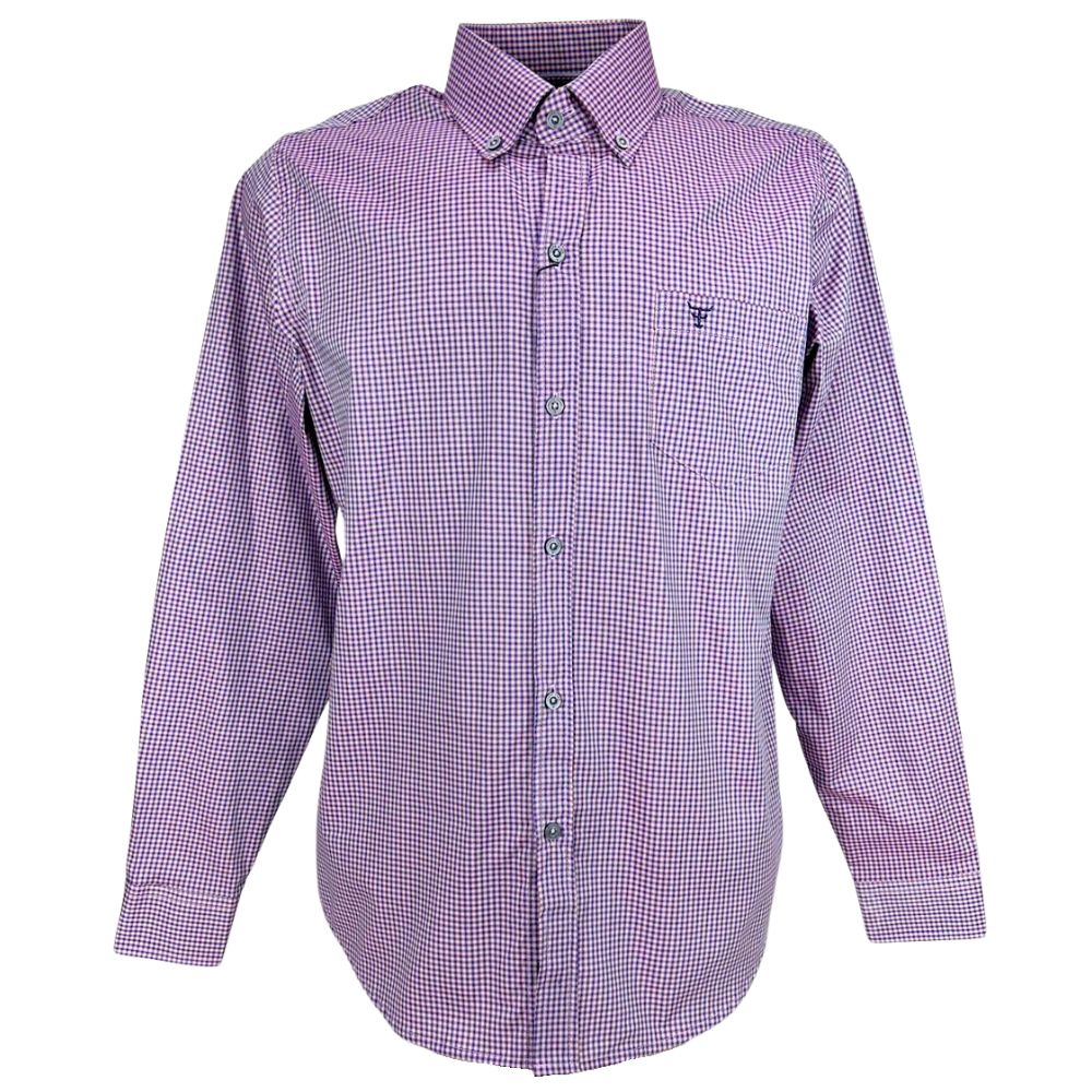 Camisa Masculina Texas Farm Manga Longa Xadrez Rosa E Azul Com Bordado Azul Marinho Ref:Cal458