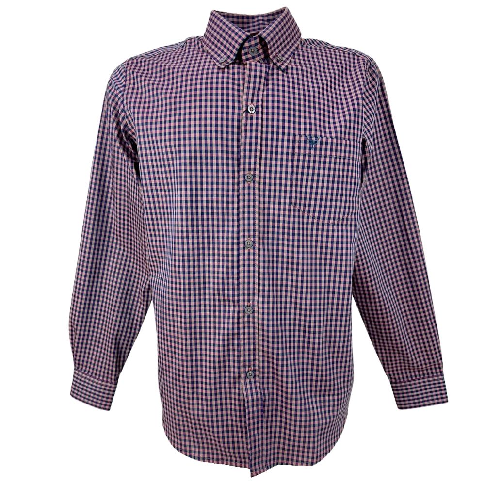 Camisa Masculina Texas Farm Manga Longa Xadrez Rosa logo Azul  Ref: CAL462