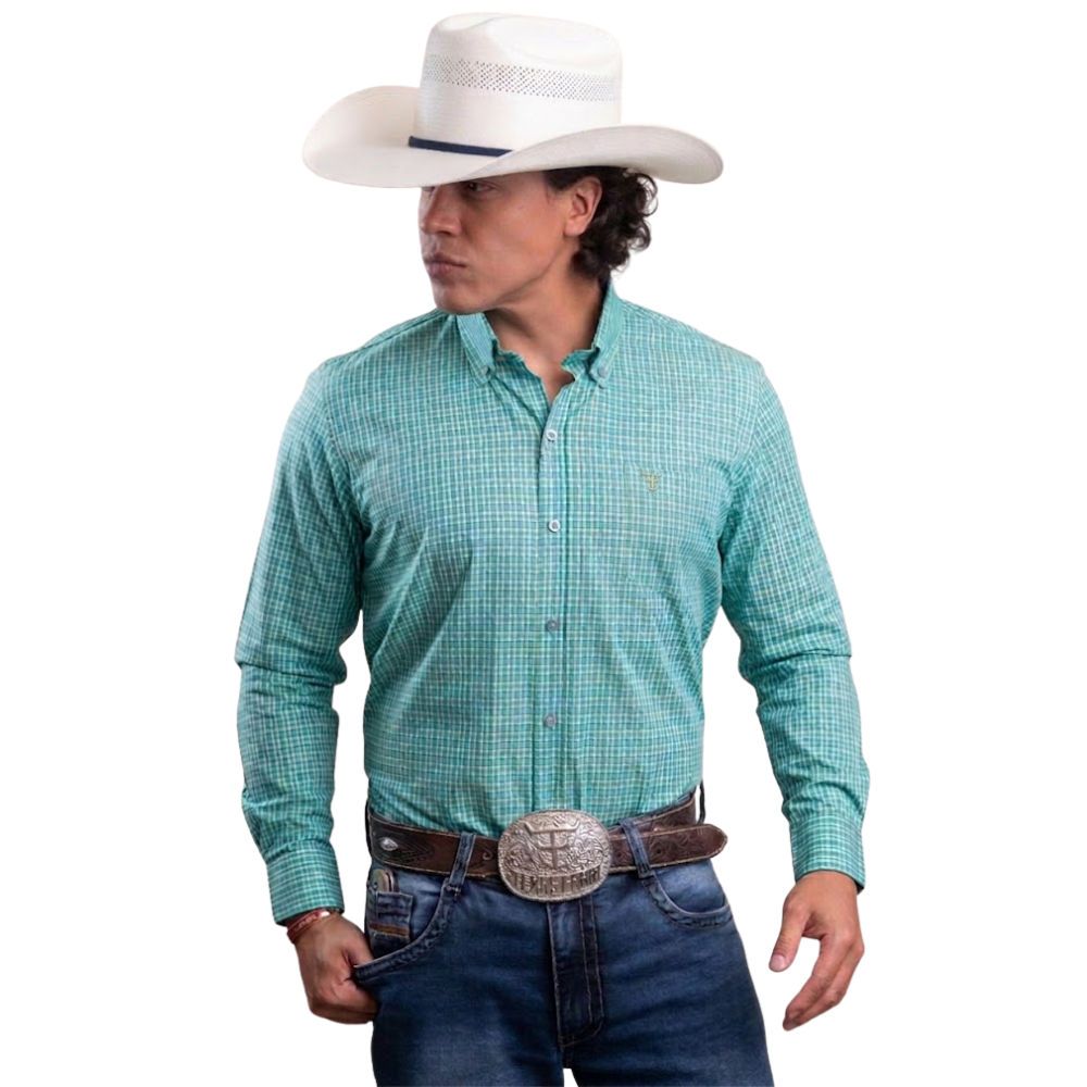 Camisa Masculina Texas Farm Manga Longa Xadrez Verde Água Logo Bege Ref:CAL676