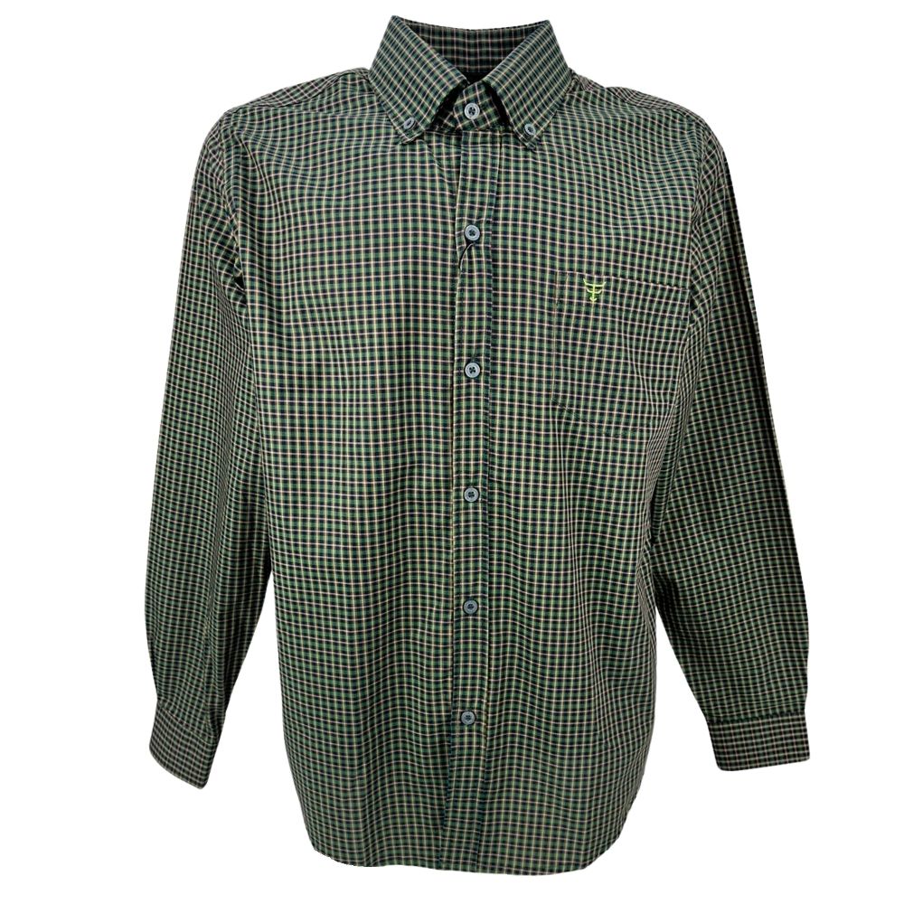 Camisa Masculina Texas Farm Manga Longa Xadrez Verde Logo Marrom Ref: CAL441