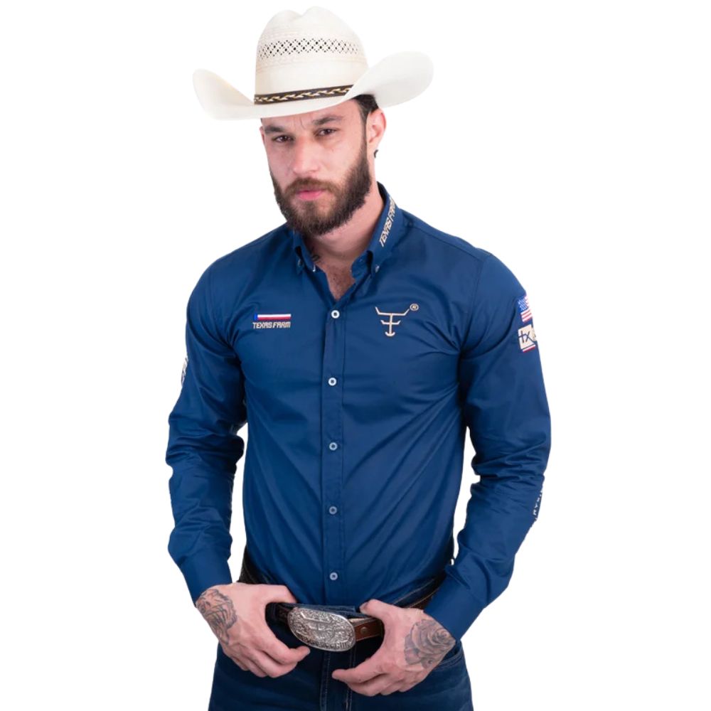 Camisa Masculina Texas Farm para Competição Manga Longa Azul Com Bordado Branco Ref:CP009
