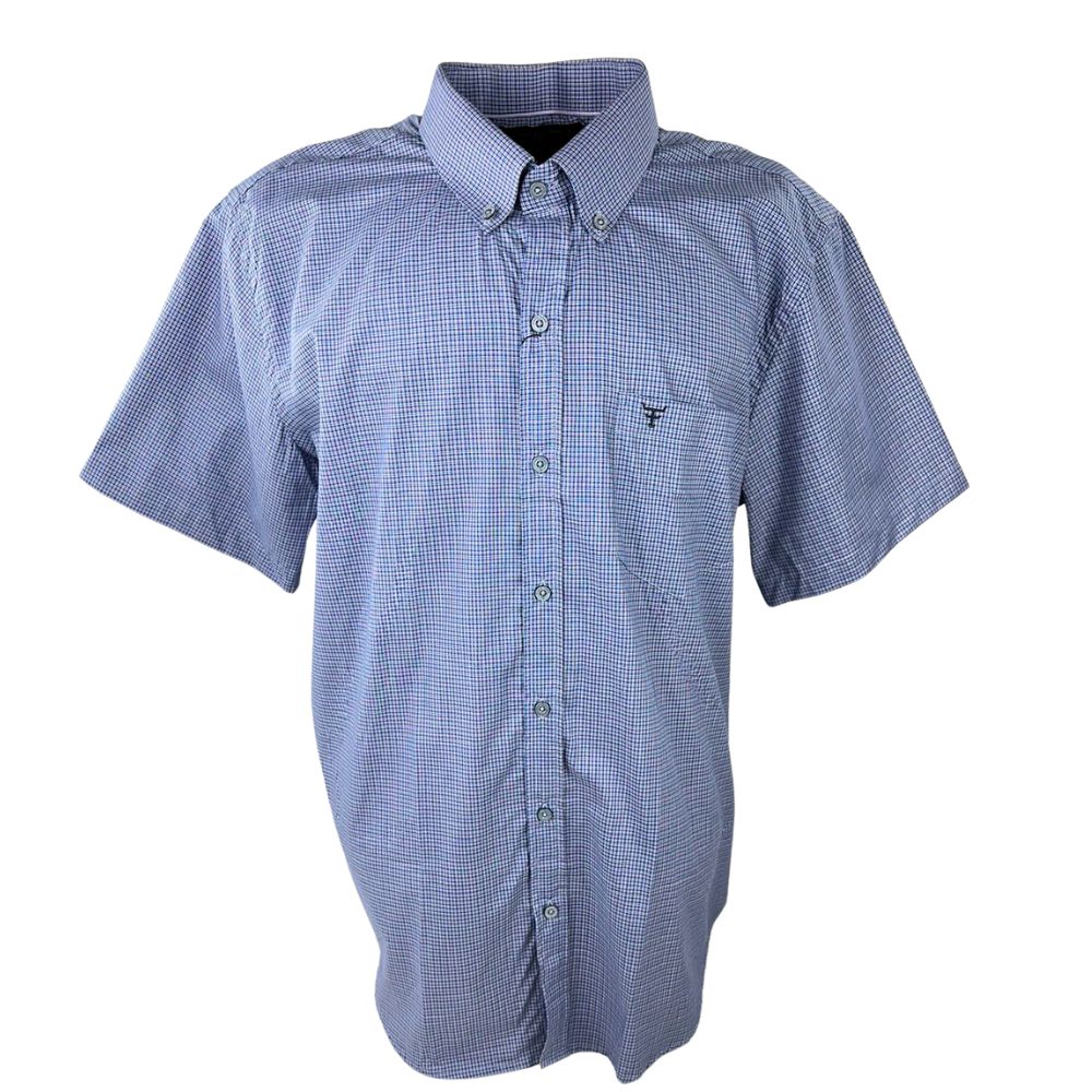 Camisa Masculina Texas Farm Plus Size Manga Curta Xadrez Azul/Cinza Com Logo Bordado Em Preto Ref.CAC703