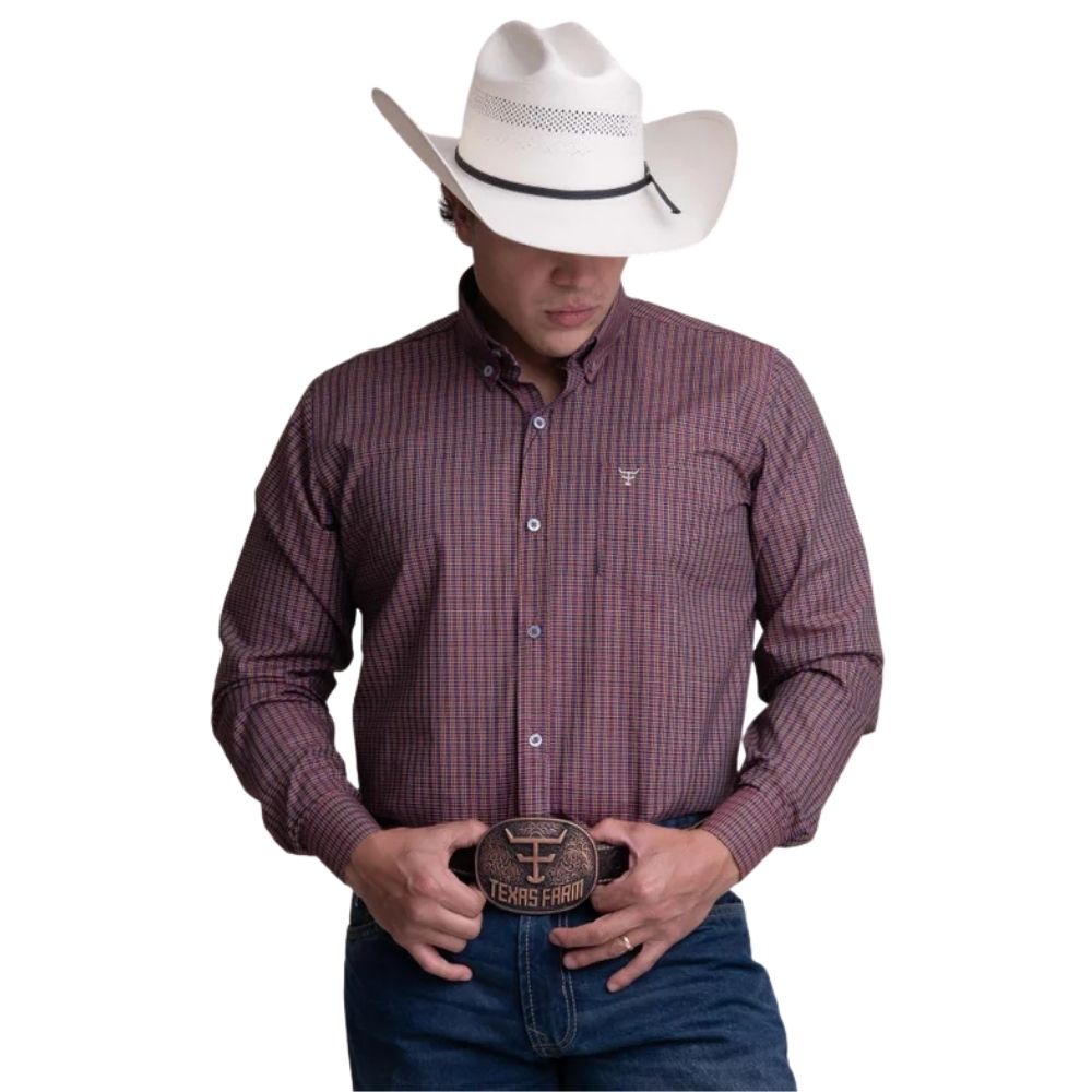 Camisa Masculina Texas Farm Plus Size Manga Longa Xadrez Roxo/Caramelo Ref: CAL556