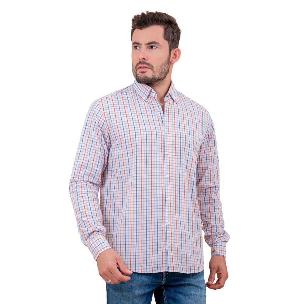 Camisa Masculina TXC Custom Regular Manga Longa Xadrez Bege Azul/Vermelho Com Logo Bordada Em Azul Claro REF: 29110L