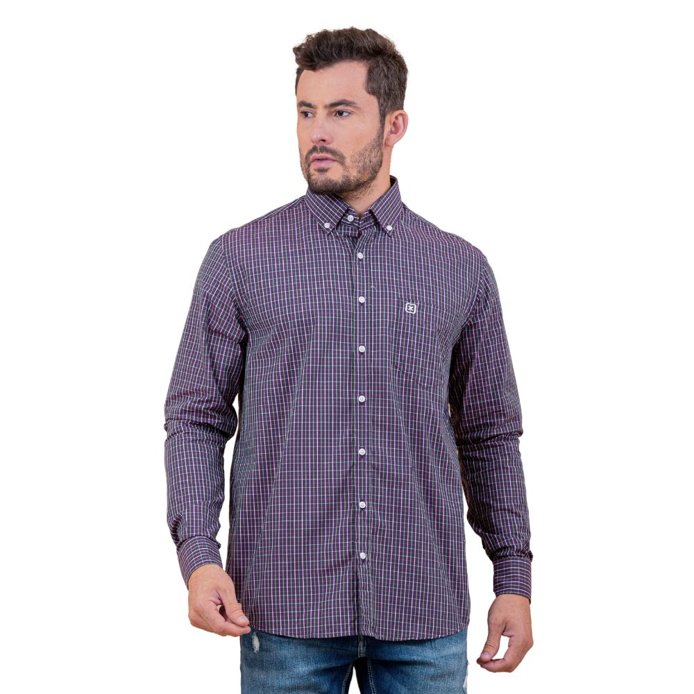 Camisa Masculina TXC Custom Regular Manga Longa Xadrez Roxo/Verde Com Logo Bordada Em Off REF: 29121L