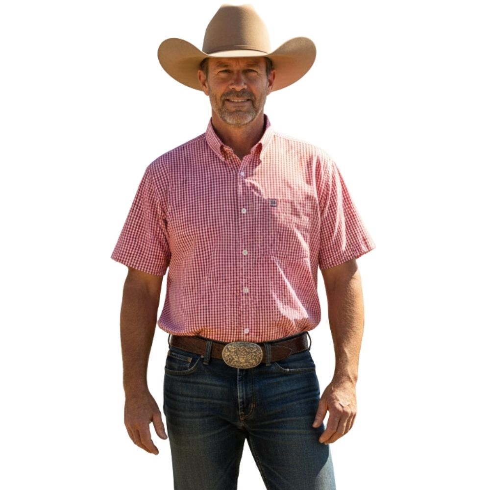 Camisa Masculina TXC Manga Curta Custom Xadrez Vermelho Bordado Azul Ref.2699C