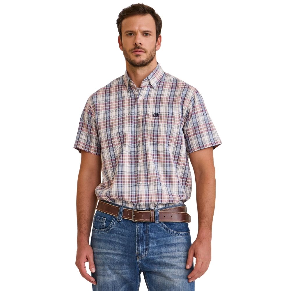Camisa Masculina TXC Manga Curta Oxford Xadrez Azul Claro E Creme Bolso Bordado Ref: 29406C