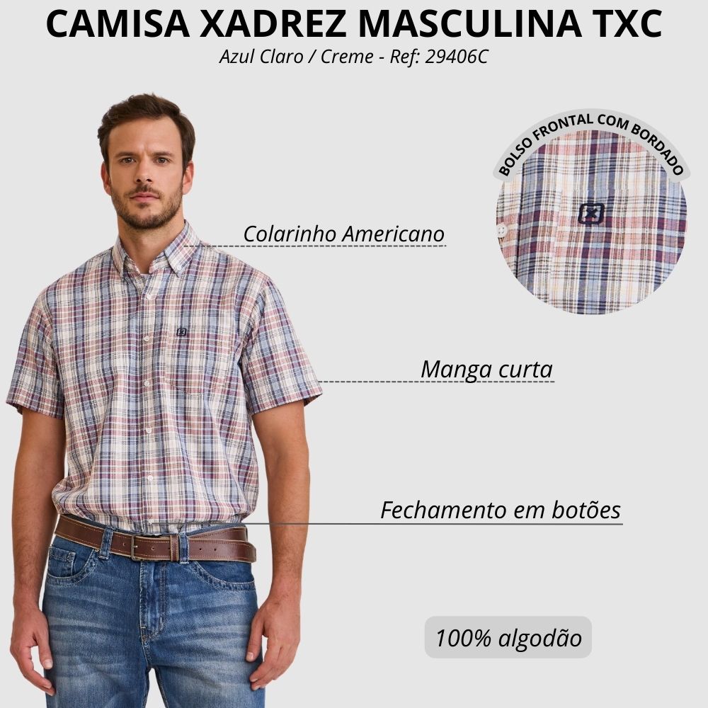 Camisa Masculina TXC Manga Curta Oxford Xadrez Azul Claro E Creme