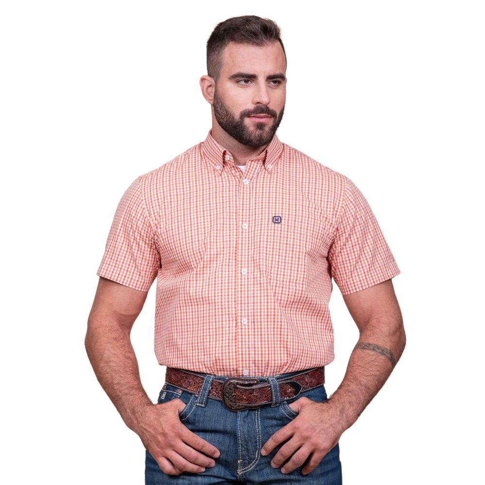 Camisa Masculina TXC Manga Curta Regular Custom Xadrez Laranja/Cru Com Logo Bordada em Azul Ref29134C