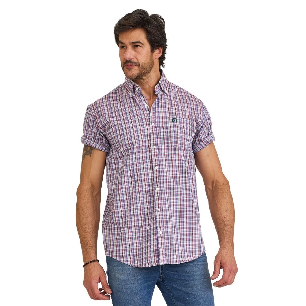 Camisa Masculina TXC Manga Curta Regular Tricoline Bordada Logo Verde Com Bolso Xadrez Lilás/Roxo/Verde Claro RF: 29144C