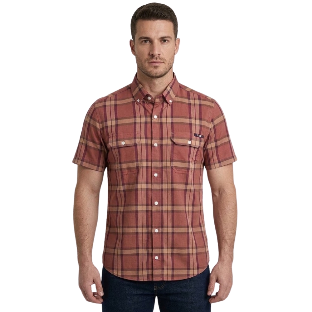 Camisa Masculina TXC Manga Curta Tricoline Worker Xadrez Vinho/Bordô Ref:29729C