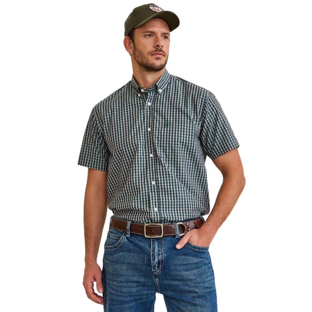 Camisa Masculina TXC Manga Curta Tricoline Xadrez Verde Bolso Bordado Ref: 29370C