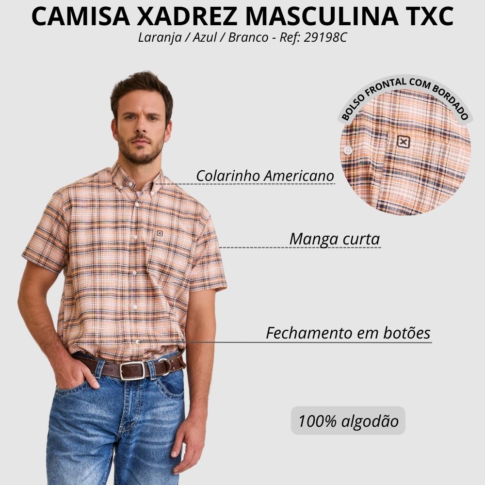 Camisa Masculina TXC Manga Curta Xadrez Laranja Bolso Bordado Ref
