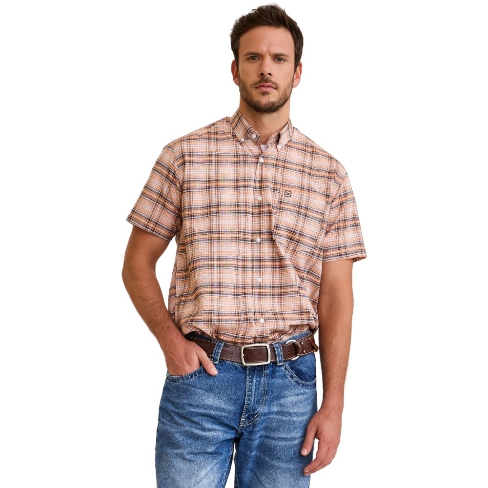 Camisa Masculina TXC Manga Curta Xadrez Laranja Bolso Bordado Ref: 29408C