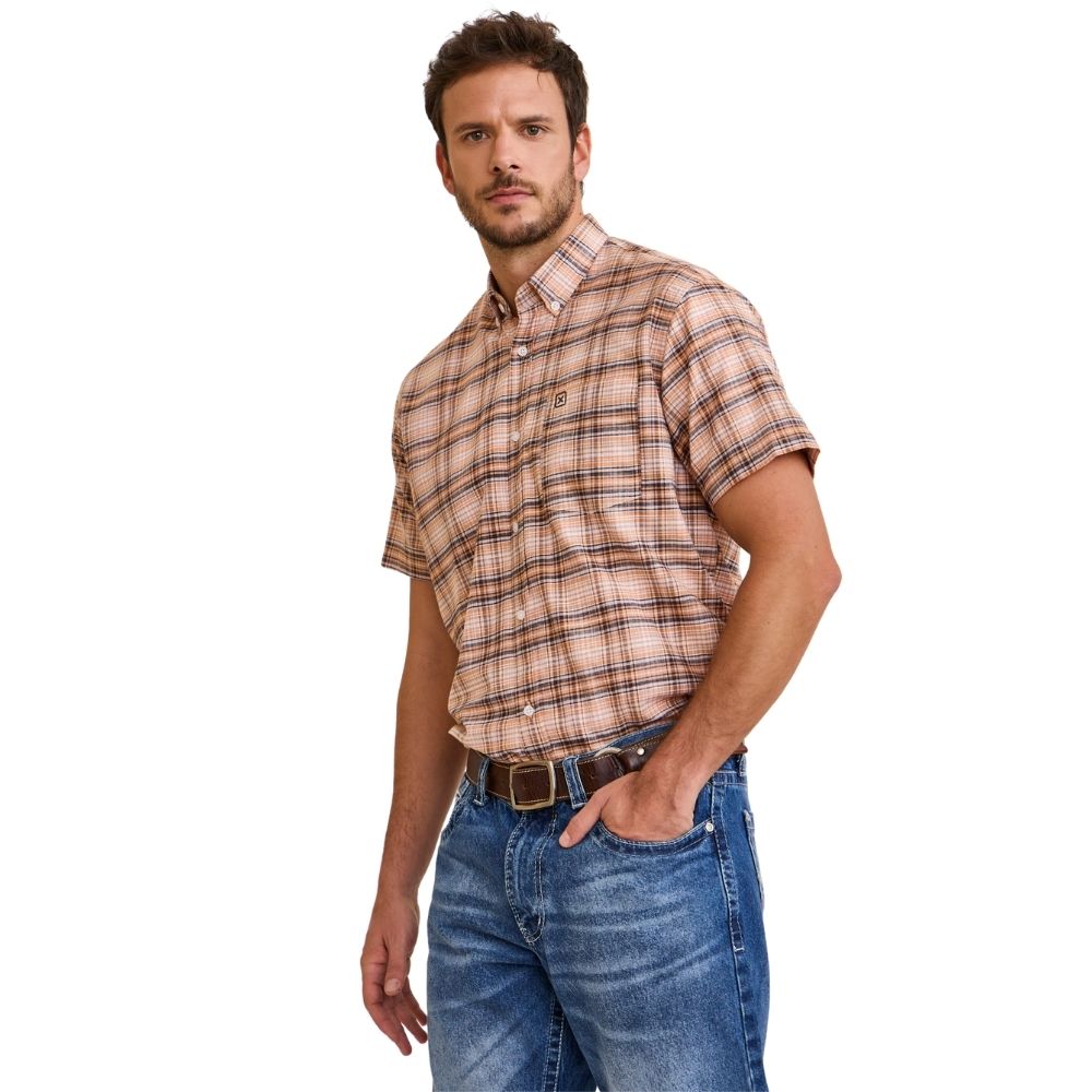 Camisa Masculina TXC Manga Curta Xadrez Laranja Bolso Bordado Ref