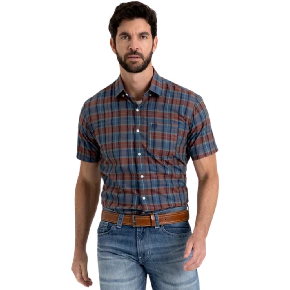Camisa Masculina TXC Manga Curta Xadrez Regular Tricoline Azul Bordô Bordado Ref: 29341C