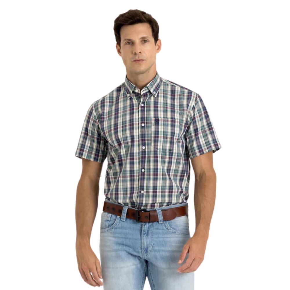 Camisa Masculina TXC Manga Curta Xadrez Regular Tricoline Verde Creme Azul Bordado Ref: 2933C