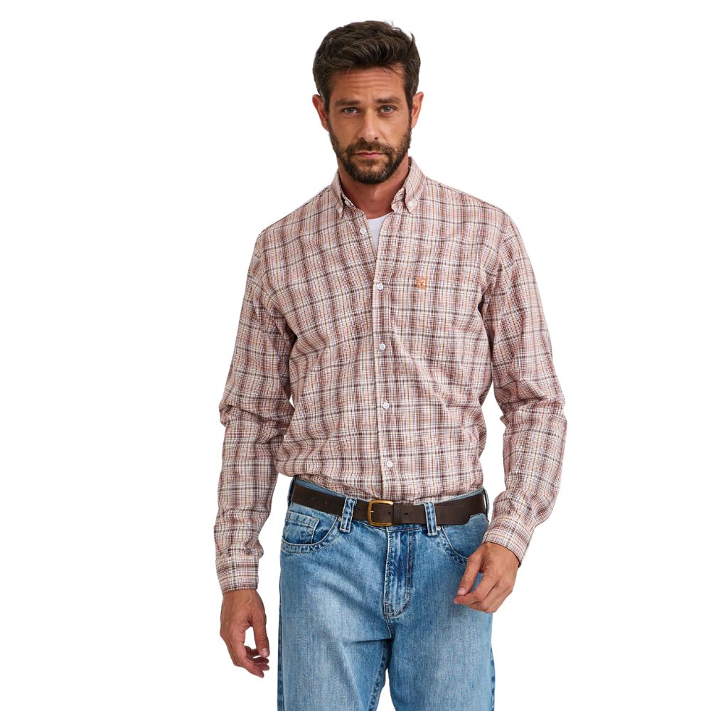 Camisa Masculina TXC Manga Longa Oxford Xadrez Bordô Com Branco Logo Laranja Ref:29505L